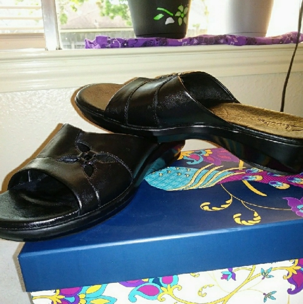 Clarks Black Leather Slides